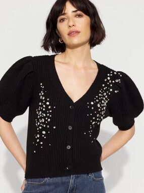 WHBM Embellished Puff Sleeve Button-Front Cardigan Black XS NWT